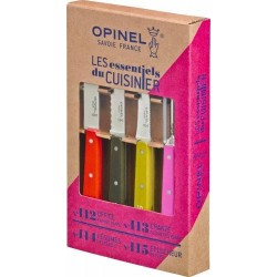 OPINEL - Coffret de 4 Couteaux N°112 Couleurs Acidulées - 4 Couteaux Office  - Cuisine Lame Inox 10 cm & Manche Bois de Charme - Bleu Azur, Mandarine