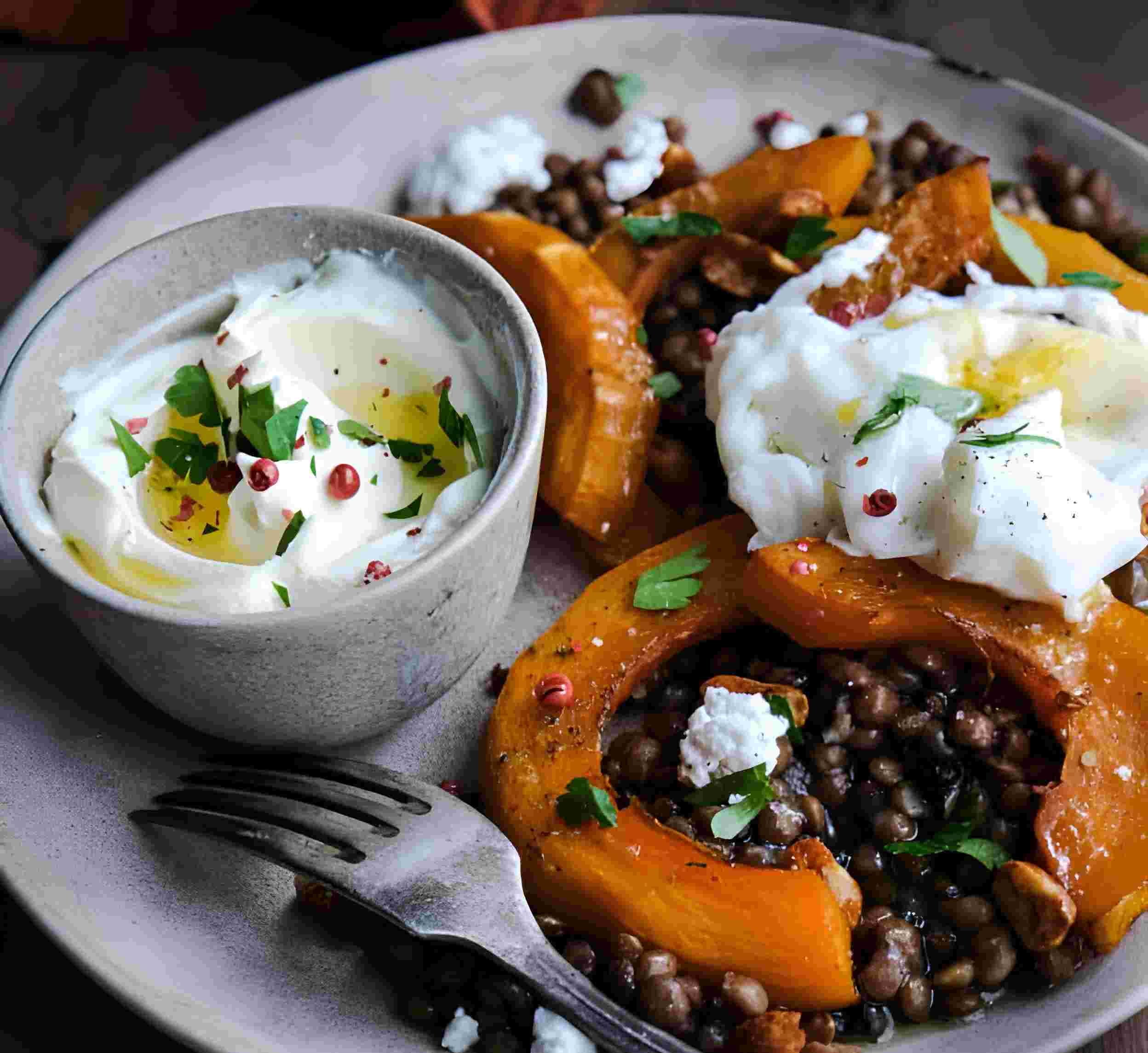 Lentilles potimarron oeuf poché